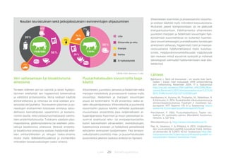 20 BiotalousjulkaisutLuke
Veri sellaisenaan tai bioaktiivisina
aineosina
Terveen eläimen veri on steriiliä ja veren hyödyn-
täminen edellyttää sen hygieenistä talteenottoa
ja välitöntä prosessointia. Verta voidaan käyttää
elintarvikkeissa ja rehuissa tai siitä voidaan pro-
sessoida verijauhetta. Teurasveren plasman ja pu-
nasolujen erottaminen toisistaan onnistuu talou-
dellisesti kannattavasti separoinnin ja konsent-
roinnin avulla, mikä nostaa huomattavasti valmis-
teen proteiinipitoisuutta. Tuloksena saadaan plas-
maproteiinia, globiiniproteiinia tai edelleen jalos-
tettuja bioaktiivisia ainesosia. Verestä eristetty-
jä bioaktiivisia ainesosia voidaan hyödyntää edel-
leen elintarvikkeiden ja rehujen raaka-aineina,
mutta myös lääketeollisuudessa ja esimerkiksi
mikrobien kasvatusalustojen raaka-aineina.
Vihannesten kuorinnan ja prosessoinnin sivuvirto-
ja voidaan käyttää myös mikrobien kasvualustana.
Multaiset jakeet kompostoidaan tai ne päätyvät
energiantuotantoon. Edellisenlaista vihannesten,
juuresten marjojen ja hedelmien sivuvirtojen hyö-
dyntämistä suunnitellessa on kuitenkin huomioi-
tava sivuvirtamassojen ja eroteltavaksi toivottujen
ainesosien säilyvyys, hygieeniset riskit ja maanpa-
rannusaineina hyödynnettäessä myös kasvitau-
tiriskit. Hyödyntämismahdollisuudet määräytyvät
sen mukaan missä sivuvirrat syntyvät ja millaiset
teknologiset valmiudet hyödyntämiseen ovat käy-
tettävissä.
Lähteet
Björklund, L. Bark på massaved - en studie över bark-
halten i travar med massaved. VMR virkesmätning
och redovisning. November 2004. 17 s. Saatavissa:
http://ny.sdc.se/admin/PDF/pdffiler_VMUVMK/Mas-
saved/Barkhalt%20i%20massavedstravar%2C%20
Bj%C3%B6rklund%20L%2C%202004.pdf
Hartikainen, H., Kuisma, M., Pinolehto, M., Räikkönen, R.
& Kahiluoto, H. 2014. Ruokahävikki alkutuotannossa ja
elintarvikejalostuksessa. Foodspill 2 -hankkeen lop-
puraportti. MTT Raportti 170: 61 s. Saatavissa: http://
www.mtt.fi/mttraportti/pdf/mttraportti170.pdf
Martikainen, P. 2002. Puutuoteteollisuus. Tapion tas-
kukirja. 24. uudistettu painos. Metsälehti Kustannus.
Helsinki. s. 537–544.
Metsäteollisuus ry, http://www.metsateollisuus.fi/
Pap, N., Silvenius, F. & Pihlanto, A. 2013. Lihateollisuu-
den sivutuotteiden käyttöä kannattaa lisätä. Kehitty-
vä elintarvike 24 5/2013: 40–42. Saatavissa: http://ke-
hittyvaelintarvike.fi/teemajutut/lihateollisuuden-si-
vutuotteiden-kayttoa-kannattaa-lisata
Puutarhatalouden sivuvirroilla laaja
käyttö
Vihannesten, juuresten, perunan ja hedelmien sekä
marjojen esikäsittely ja prosessointi tuottaa myös
sivuvirtoja. Hedelmien ja marjojen sivuvirtojen
osuus on keskimäärin 14-20 prosenttia raaka-ai-
neen alkuperäpainosta. Vihanneksilla ja juureksilla
sivuvirtoihin joutuva hävikki vaihtelee puolestaan
muutamasta prosentista jopa neljännekseen al-
kuperäpainosta. Kuorimon ja muun jalostuksen si-
vuvirrat soveltuvat rehu- tai arvojaeprosesseihin,
kuten luonnollisten väriaineiden, ravintokuitujen,
hapettumista estävien ja hyödyllistä pieneliöstöä
edistävien ainesosien tuottamiseen. Yksi terveys-
vaikutteiseksi osoitettu maa- ja puutarhatalouden
puutuneista jakeista saatava aineosa on lignaani.
Liha
Elintarvike ja rehu
Energia
Nahka
Ei hyötykäyttöä
Liha Elintarvike ja rehu Energia Nahka Ei hyötykäyttöä
Naudan teurastuksen sekä jatkojalostuksen ravinnevirtojen ohjautuminen
1%
4%
28%
56%
1%
39%
50%
14%
7%
TYPPIFOSFORI
Lähde: Katri Joensuu / Luke
 