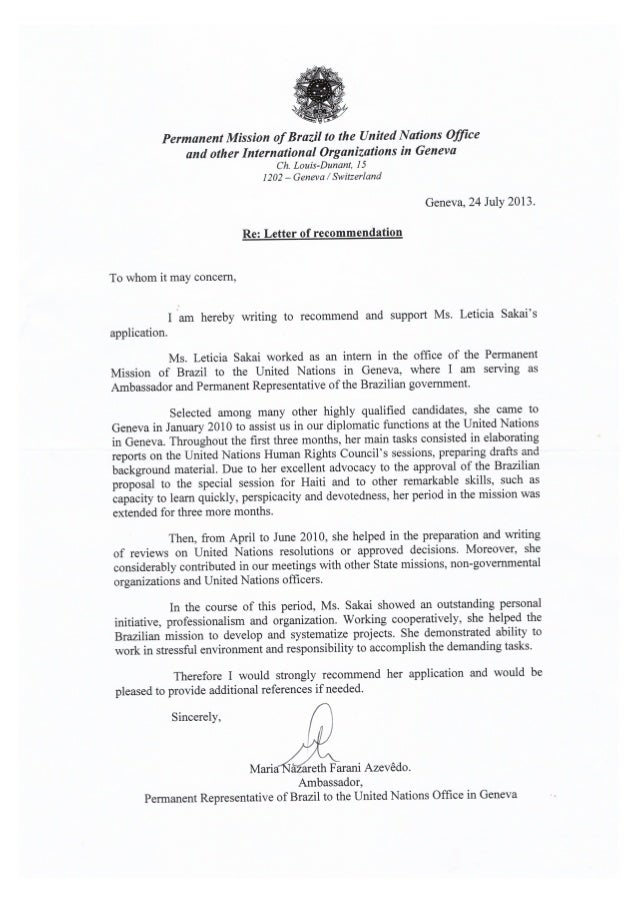 ambassador recommendation letter from