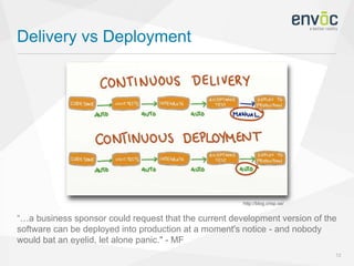 Delivery vs Deployment
12
“…a business sponsor could request that the current development version of the
software can be deployed into production at a moment's notice - and nobody
would bat an eyelid, let alone panic." - MF
http://blog.crisp.se/
 