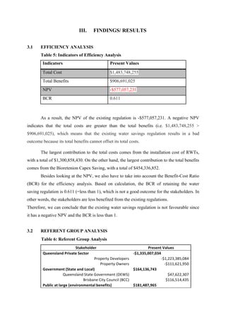 III. FINDINGS/ RESULTS
3.1 EFFICIENCY ANALYSIS
Table 5: Indicators of Efficiency Analysis
Indicators Present Values
Total Cost $1,483,748,255
Total Benefits $906,691,025
NPV -$577,057,231
BCR 0.611
As a result, the NPV of the existing regulation is -$577,057,231. A negative NPV
indicates that the total costs are greater than the total benefits (i.e. $1,483,748,255 >
$906,691,025), which means that the existing water savings regulation results in a bad
outcome because its total benefits cannot offset its total costs.
The largest contribution to the total costs comes from the installation cost of RWTs,
with a total of $1,300,858,430. On the other hand, the largest contribution to the total benefits
comes from the Bioretenion Capex Saving, with a total of $454,336,852.
Besides looking at the NPV, we also have to take into account the Benefit-Cost Ratio
(BCR) for the efficiency analysis. Based on calculation, the BCR of retaining the water
saving regulation is 0.611 (=less than 1), which is not a good outcome for the stakeholders. In
other words, the stakeholders are less benefited from the existing regulations.
Therefore, we can conclude that the existing water savings regulation is not favourable since
it has a negative NPV and the BCR is less than 1.
3.2 REFERENT GROUP ANALYSIS
	
  	
  	
  	
  	
  	
  	
  	
  	
  	
  	
  	
  	
  	
  Table 6: Referent Group Analysis
Stakeholder	
   Present	
  Values	
  
Queensland	
  Private	
  Sector	
   -­‐$1,335,007,034	
  
Property	
  Developers	
   -­‐$1,223,385,084	
  
Property	
  Owners	
   -­‐$111,621,950	
  
Government	
  (State	
  and	
  Local)	
   $164,136,743	
  
Queensland	
  State	
  Government	
  (DEWS)	
   $47,622,307	
  
Brisbane	
  City	
  Council	
  (BCC)	
   $116,514,435	
  
Public	
  at	
  large	
  (environmental	
  benefits)	
   $181,487,965	
  
 