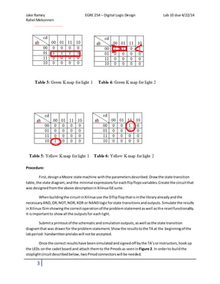 Jake Ramey EGRE 254 – Digital Logic Design Lab 10 due 4/22/14
Rahel Mekonnen
3
Procedure:
First,designaMoore state machine withthe parametersdescribed.Draw the state transition
table,the state diagram,andthe minimal expressionsforeachflipflopsvariables.Create the circuitthat
was designedfromthe above descriptioninXilinuxISEsuite.
Whenbuildingthe circuitinXilinux use the Dflipflopthatisinthe libraryalreadyandthe
necessaryAND,OR,NOT,NOR,XOR or NANDlogicforstate transitionsandoutputs.Simulate the results
inXilinux ISimshowingthe correctoperationof the problemstatementaswell asthe resetfunctionality.
It isimportantto showall the outputsfor eachlight.
Submita printoutof the schematicandsimulationoutputs,aswell asthe state transition
diagramthat was drawnfor the problemstatement.Show the resultstothe TA at the beginningof the
labperiod- handwrittenprelabswill notbe accepted.
Once the correct resultshave beensimulatedandsignedoff bythe TA’sorinstructors,hookup
the LEDs onthe cadetboard and attach themto the Pmodsas seenin Figure 2. In orderto buildthe
stoplightcircuitdescribedbelow, twoPmodconnectorswill be needed.
 