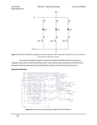 Jake Ramey EGRE 254 – Digital Logic Design Lab 10 due 4/22/14
Rahel Mekonnen
4
Figure 2: Schematic showing the configuration of the components for the stoplight. A Pmod transition is placed in
series with an LED and a resistor.
Generate the programmingfile necessarytoinstalltothe FPGA so that itfunctionsasa
stoplight.Connectthe Pmodstothe FPGA as and inserieswiththe LED sothat whenthe FPGA closes
the path and allowselectricitytoflow(behavinglikeaswitch),thatparticular LED will turnon.
Experimental Results
Figure 3: Schematic of actual design implemented into Xilinux
 