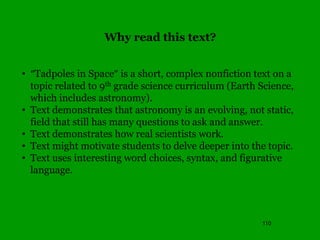 116
Select most important standards supported by text:
RI1 – First close read focuses on what information is in the
text
R...