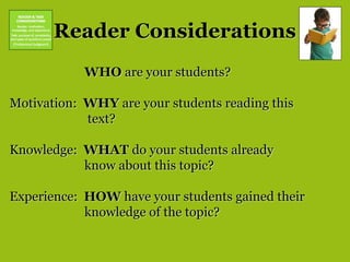 Are All Nonfiction Texts Equal?
IF
students are reading nonfiction to
Broaden background knowledge,
Provide exposure to a ...