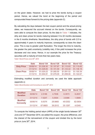   3	
  
on the given dates. However, we had to price the bonds during a coupon
period. Hence, we valued the bond at the beginning of the period and
compounded these forward to the pricing date (appendix C).
By calculating the days between the last coupon period and the actual pricing
dates, we measured the accrued interest on the bonds. Consequently, we
were able to compute the clean prices. As the data in Table 1 indicates, the
dirty and clean prices for bonds maturing between 5 to 22 months decreases
in the 6 months timeframe. Nevertheless, the dirty price of bonds with 2.5 to
approximately 4 years to maturity improves; consequently so does the clean
price. This is due to greater yield fluctuation. The longer the time to maturity,
the greater the yield uncertainty (volatility risk). If the yield increases the price
decrease and vice versa. Hence, in our example the price for the Treasury
securities with a maturity of more than two years rises.
Table 1 Bond Prices June 30
th
, 2014
Estimating modified duration and convexity we used the table approach
(appendix c).
Table 2 Bond Duration and Convexity on June 30
th
, 2014
To compute the holding period return (HPR) of the single bonds between 30th
June and 31st
December 2014, we added the coupon, the price difference, and
the interest of the reinvestment of the coupon and divided this by the bond
price on June 30th
, 2014.
Date Bond 134 Bond 120 Bond 132 Bond 122
Dirty Price 30/06/14 $1,038.30 $1,107.87 $1,115.83 $1,115.65
31/12/14 $1,028.65 $1,101.59 $1,123.42 $1,138.18
Clean Price 30/06/14 $1,029.22 $1,085.50 $1,091.52 $1,100.39
31/12/14 $1,004.91 $1,079.09 $1,099.06 $1,122.67
Date Bond 134 Bond 120 Bond 132 Bond 122
Modified
Duration
30/06/14 2.5186 4.7936 6.3573 8.2837
31/12/14 7.5207 5.5504 3.9386 1.5689
Modified
Convexity
30/06/14 8.9374 28.9860 49.5352 82.0854
31/12/14 67.8683 38.2012 20.1297 4.0345
 