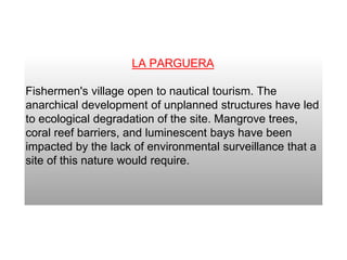 LA PARGUERA
Fishermen's village open to nautical tourism. The
anarchical development of unplanned structures have led
to ecological degradation of the site. Mangrove trees,
coral reef barriers, and luminescent bays have been
impacted by the lack of environmental surveillance that a
site of this nature would require.
 