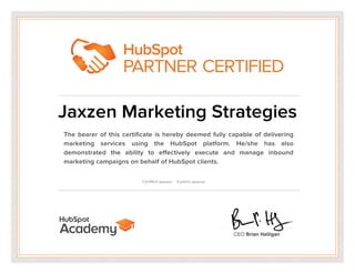 HubSpot Partner Certificate - Jaxzen Marketing Strategies