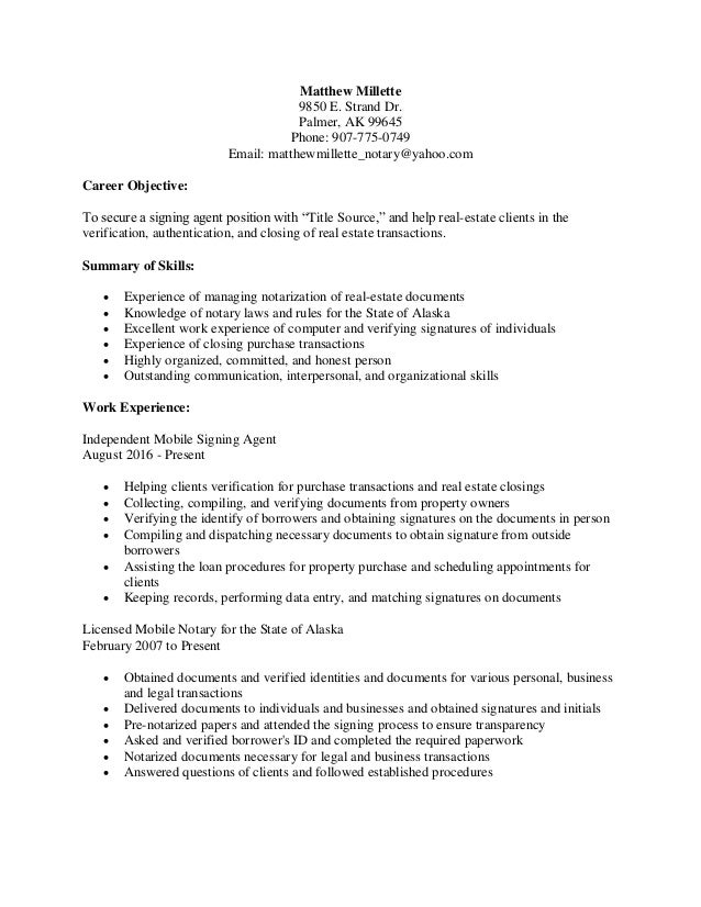 matthew millette signing agent resume purchase agent resume