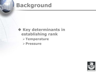 Background
 Key determinants in
establishing rank
Temperature
Pressure
 