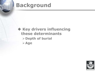 Background
 Key drivers influencing
these determinants
Depth of burial
Age
 
