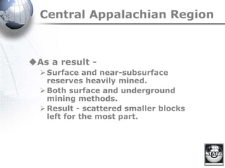 Central Appalachian Region
As a result -
Surface and near-subsurface
reserves heavily mined.
Both surface and underground
mining methods.
Result - scattered smaller blocks
left for the most part.
 