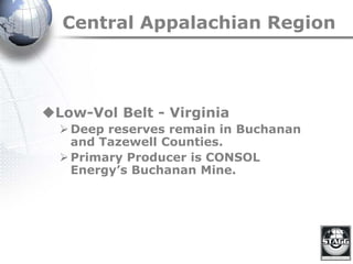 Central Appalachian Region
Low-Vol Belt - Virginia
Deep reserves remain in Buchanan
and Tazewell Counties.
Primary Producer is CONSOL
Energy’s Buchanan Mine.
 