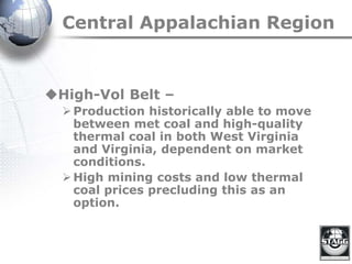 Central Appalachian Region
High-Vol Belt –
Production historically able to move
between met coal and high-quality
thermal coal in both West Virginia
and Virginia, dependent on market
conditions.
High mining costs and low thermal
coal prices precluding this as an
option.
 
