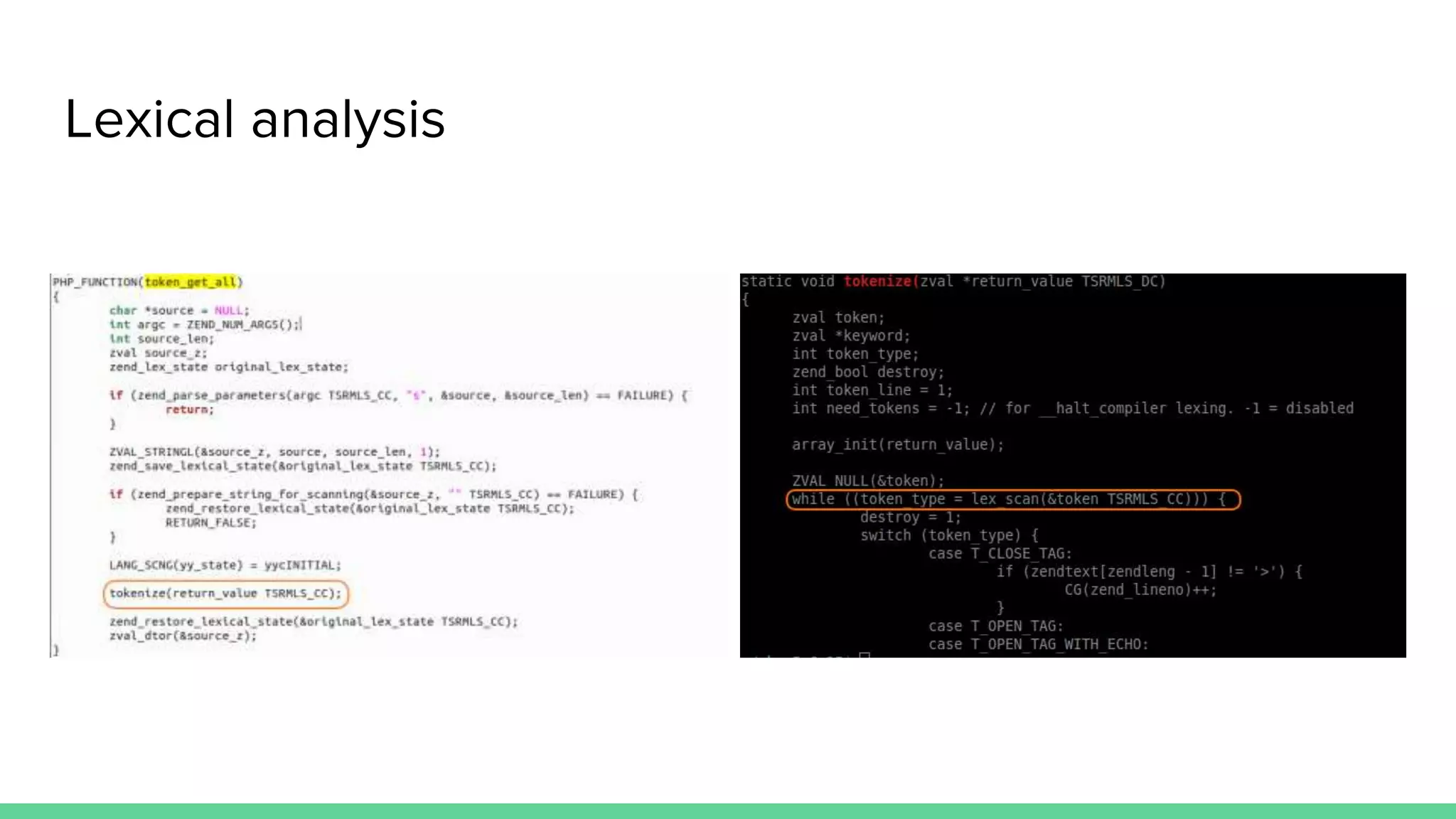 Lexical analysis Step one. Converts a script into tokens by Zend’s token engine. Really? Yes really. 