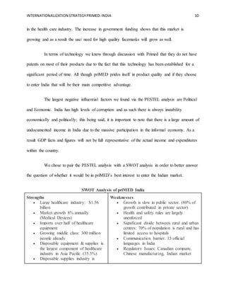 INTERNATIONALIZATION STRATEGYPRIMED:INDIA 10
in the health care industry. The increase in government funding shows that this market is
growing and as a result the use/ need for high quality facemasks will grow as well.
In terms of technology we know through discussion with Primed that they do not have
patents on most of their products due to the fact that this technology has been established for a
significant period of time. All though priMED prides itself in product quality and if they choose
to enter India that will be their main competitive advantage.
The largest negative influential factors we found via the PESTEL analysis are Political
and Economic. India has high levels of corruption and as such there is always instability
economically and politically; this being said, it is important to note that there is a large amount of
undocumented income in India due to the massive participation in the informal economy. As a
result GDP facts and figures will not be full representative of the actual income and expenditures
within the country.
We chose to pair the PESTEL analysis with a SWOT analysis in order to better answer
the question of whether it would be in priMED’s best interest to enter the Indian market.
SWOT Analysis of priMED India
Strengths
 Large healthcare industry: $1.56
billion
 Market growth 8% annually
(Medical Devices)
 Imports over half of healthcare
equipment
 Growing middle class: 300 million
people already
 Disposable equipment & supplies is
the largest component of healthcare
industry in Asia Pacific (35.5%)
 Disposable supplies industry is
Weaknesses
 Growth is slow in public sector. (80% of
growth contributed in private sector)
 Health and safety rules are largely
unenforced
 Significant divide between rural and urban
centres: 70% of population is rural and has
limited access to hospitals
 Communication barrier: 15 official
languages in India
 Regulatory Issues: Canadian company,
Chinese manufacturing, Indian market
 