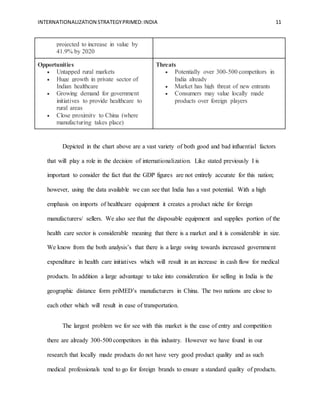 INTERNATIONALIZATION STRATEGYPRIMED:INDIA 11
projected to increase in value by
41.9% by 2020
Opportunities
 Untapped rural markets
 Huge growth in private sector of
Indian healthcare
 Growing demand for government
initiatives to provide healthcare to
rural areas
 Close proximity to China (where
manufacturing takes place)
Threats
 Potentially over 300-500 competitors in
India already
 Market has high threat of new entrants
 Consumers may value locally made
products over foreign players
Depicted in the chart above are a vast variety of both good and bad influential factors
that will play a role in the decision of internationalization. Like stated previously I is
important to consider the fact that the GDP figures are not entirely accurate for this nation;
however, using the data available we can see that India has a vast potential. With a high
emphasis on imports of healthcare equipment it creates a product niche for foreign
manufacturers/ sellers. We also see that the disposable equipment and supplies portion of the
health care sector is considerable meaning that there is a market and it is considerable in size.
We know from the both analysis’s that there is a large swing towards increased government
expenditure in health care initiatives which will result in an increase in cash flow for medical
products. In addition a large advantage to take into consideration for selling in India is the
geographic distance form priMED’s manufacturers in China. The two nations are close to
each other which will result in ease of transportation.
The largest problem we for see with this market is the ease of entry and competition
there are already 300-500 competitors in this industry. However we have found in our
research that locally made products do not have very good product quality and as such
medical professionals tend to go for foreign brands to ensure a standard quality of products.
 
