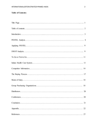 INTERNATIONALIZATION STRATEGYPRIMED:INDIA 2
Table of Contents:
Title Page…………………………………………………………………………………...…... 1
Table of contents…....................................................................................................................... 2
Introduction……………………………......……………………………………………………. 3
PESTEL Analysis……………………………………………………………………………….. 4
Applying PESTEL……………………………………………………………………………… 9
SWOT Analysis……………………………………………………………………………….... 9
To Go or Not to Go……………………………………………………………………………. 11
Indian Health Care System…………………………………………………………………….. 11
Competitor Information……………………………………………………………………….. 14
The Buying Process……………………………………………………………………………. 17
Mode of Entry…………………………………………………………………………………. 18
Group Purchasing Organizations……………………………………………………………… 18
Distributors…………………………………………………………………………………….. 20
Conferences……………………………………………………………………………………. 20
Conclusion……………………………………………………………………………………... 21
Appendix………………………………………………………………………………………. 22
References……………………………………………………………………………………... 27
 