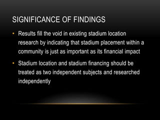 SIGNIFICANCE OF FINDINGS
• Results fill the void in existing stadium location
research by indicating that stadium placement within a
community is just as important as its financial impact
• Stadium location and stadium financing should be
treated as two independent subjects and researched
independently
 