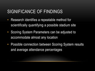 SIGNIFICANCE OF FINDINGS
• Research identifies a repeatable method for
scientifically quantifying a possible stadium site
• Scoring System Parameters can be adjusted to
accommodate almost any location
• Possible connection between Scoring System results
and average attendance percentages
 
