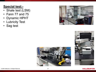 © 2009 Halliburton. All Rights Reserved. 27
Special test:-
• Shale test (LSM)
• Fann 77 and 75
• Dynamic HPHT
• Lubricity Test
• Sag test
 