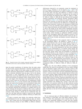 L.H. Madkour et al. / Journal of the Taiwan Institute of Chemical Engineers 68 (2016) 461–480 477
OH
O
N
N
H
R
OH
O
N
N
R
H
OH
O
N
N
H
R
OH
O
N
N
R
H
Fe
+2
Fe
+3
OH
O
N
N R
OH
O
N
N
R
Fe
O
O
N
N R
O
O
N
N
R
Fe
-
- 2 Na+
Fig. 11. . Proposed structure of the complex compounds formed between (MAD_1-
6) inhibitors and Fe ions in acidic and alkaline corrosive solutions.
place by partial transference of electrons from the polar atoms
(N and O atoms and the delocalized π-electrons around the het-
erocyclic rings) of MAD to the metal surface. In addition to elec-
trostatic interaction (physisorption) of MAD molecules on the iron
surface, molecular adsorption may also play a role in the adsorp-
tion process. A close examination of the chemical structure of
(MAD_1–6), reveals that MAD molecules have structure character-
ized by the presence of chelation centers mainly located on nitro-
gen’s and oxygen. From theoretical and experimental results ob-
tained, N and O atoms are the likely sites of complexation of MAD
with the Fe ions (Fig. 11) in the corrosive acidic and alkaline media
which will result in the formation of a six-membered, redox active
chelate ring [127,128]. The UV–visible absorption spectra (Fig. 2)
of the solution containing the inhibitor after the immersion of the
iron specimen indicated the formation of a complex with the iron
surface allowing the formation of adhesive ﬁlm. Such an adhesive
ﬁlm covered the metal surface isolating the metal surface from the
corrosive media. Finally, it should also be emphasized that, the
large size and high molecular weight of mono-azo dye molecule
can also contribute the greater inhibition eﬃciency of (MAD_1–6)
[129].
In order to present more details, the molecular orbital den-
sity distributions for the six studied mono-azo dyes are shown.
Figs. 7 and 8 shows that all of investigated (MAD_1-6) have very
similar electronic density on their HOMO, so different inhibition
effectiveness observed in six molecules cannot be explained in
terms of EHOMO. However, it can be found in Figs. 7 and 8 that
the orbital density distributions on LUMO of (MAD_1–6) are sim-
ilar to each other and their only difference is related to orbital
density distributions of LUMO that is localized over the atoms N
and O and follows the following order: MAD_ 1> MAD_ 2> MAD_
3> MAD_ 4> MAD_ 5> MAD_ 6, the data obtained from quantum
chemical calculations and molecular dynamic simulations (MDS)
are tabulated in Tables 5–10). Finally, we remark that we do not
know the real structure of mono-azo dye ﬁlms; instead these ar-
guments are used to demonstrate the differences in inhibition eﬃ-
ciency of these molecules. In general, the adsorption of (MAD_1–6)
molecules at the iron electrode surface depends on the molecu-
lar size, charge distribution and deformability of the active center
as well as the charge on the metal surface undergoing corrosion.
Thus, the increased formation of mono-azo dye-metal complexes
leads to the formation of an insoluble ﬁlm of the complex on the
metal surface, which furnishes an additional inhibitive property
to that of the investigated (MAD_1–6). Proposed structure of the
MAD-Fe complex compounds formed between mono-azo dye in-
hibitors and Fe ions in acidic and alkaline corrosive solutions was
shown in Fig. 11.
Skeletal representation of the proposed mode of adsorption
of the investigated (MAD_1- 6) inhibitors is shown in Fig. 12,
which clearly indicates that, iron has greater aﬃnity towards aro-
matic moieties and were found to adsorb benzene rings in a
ﬂat orientation. The substituent (MAD_3) shows the best perfor-
mance (Fig. 13). This can be explained on the basis that compound
(MAD_3) can be chemisorbed as a tri dentate surface ligand. The
surface coordination is through the oxygen atoms from both the
OH and OCH3 groups which raises the possibility of transferring
the unshared electron of the molecule to iron in comparison to
other derivatives and therefore results in a better adsorption [130].
It was concluded that, the mode of adsorption depends on the
aﬃnity of the iron metal towards the π-electron clouds of the
ring system [66]. From experimental measurements, the order of
increasing the corrosion inhibition eﬃciency IE (%) of (MAD_1–6)
inhibitors on iron in acidic and alkaline solutions was follows the
arrangement: MAD_ 1> MAD_ 2> MAD_ 3> MAD_ 4> MAD_ 5>
MAD_ 6.
(MAD_ 1) is the most eﬃcient inhibitors of the investigated
(MAD_1-6). This seems to be adsorbed on the iron surface through
each of adsorption oxygen centers and π-electron system of the
benzene rings. It was found that, substituted phenyl rings in the α-
position of mono-azo derivative increases longitudinal polarization
of the π -electron clouds. Thus, the adsorbed species lie ﬂat on the
iron surface causing a higher inhibitive effect value than the others
derivatives. When the phenyl rings lies in the β-position for com-
pound (MAD_ 2) this is because transverse polarization and conse-
quently their adsorption are relatively decreased on the metal sur-
face. The adsorption of (MAD_ 3) inhibitor depends on the three
oxygen adsorption sites. Methyl (CH3-) group is more basic than
the H-atom, so its presence within the azo dyes molecule causing
increasing the localization of the π-electron clouds on the Fe metal
surface depending on its position as follows: p > o > m-position.
Thus, compound (MAD_ 4) lie before (MAD_ 5) and the compound
(MAD_ 6) comes at the end of the investigated (MAD_1-6) deriva-
tives.
5. Conclusions
The six mono-azo dyes are effective inhibitors of corrosion of
iron exposed to 2.0 M HNO3 and 2.0 M NaOH solutions, respec-
tively, at 303 K. The polarization curves showed that the com-
pounds were mixed-type inhibitors in acidic and only cathodic
in alkaline solutions. Correlation between kinetic-thermodynamic
 