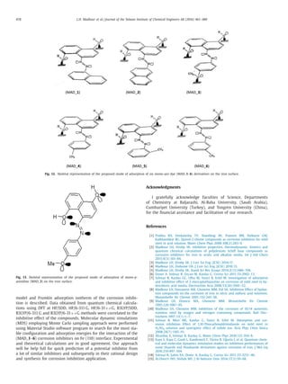 478 L.H. Madkour et al. / Journal of the Taiwan Institute of Chemical Engineers 68 (2016) 461–480
Fig. 12. Skeletal representation of the proposed mode of adsorption of six mono-azo dye (MAD_1–6) derivatives on the iron surface.
Fig. 13. Skeletal representation of the proposed mode of adsorption of mono-p-
anisidine (MAD_3) on the iron surface.
model and Frumkin adsorption isotherm of the corrosion inhibi-
tion is described. Data obtained from quantum chemical calcula-
tions using DFT at HF/SDD, HF/6-311 G, HF/6-31++G, B3LYP/SDD,
B3LYP/6-311 G and B3LYP/6-31++G methods were correlated to the
inhibitive effect of the compounds. Molecular dynamic simulations
(MDS) employing Monte Carlo sampling approach were performed
using Material Studio software program to search for the most sta-
ble conﬁguration and adsorption energies for the interaction of the
(MAD_1–6) corrosion inhibitors on Fe (110) interface. Experimental
and theoretical calculations are in good agreement. Our approach
will be help full for quick prediction of a potential inhibitor from
a lot of similar inhibitors and subsequently in their rational design
and synthesis for corrosion inhibition application.
Acknowledgments
I gratefully acknowledge Faculties of Science, Departments
of Chemistry at Baljarashi, Al-Baha University, (Saudi Arabia),
Cumhuriyet University (Turkey), and Tongren University (China),
for the ﬁnancial assistance and facilitation of our research.
References
[1] Prabhu RA, Venkatesha TV, Shanbhag AV, Praveen BM, Kulkarni GM,
Kalkhambkar RG. Quinol-2-thione compounds as corrosion inhibitors for mild
steel in acid solution. Mater Chem Phys 2008;108(2):283–9.
[2] Madkour LH, Elroby SK. Inhibitive properties, thermodynamic, kinetics and
quantum chemical calculations of polydentate Schiff base compounds as
corrosion inhibitors for iron in acidic and alkaline media. Int J Ind Chem
2015;6(3):165–84.
[3] Madkour LH, Elroby SK. J Corr Sci Eng (JCSE) 2014:17.
[4] Madkour LH, Zinhome UA. J Corr Sci Eng (JCSE) 2010:13.
[5] Madkour LH, Elroby SK. Stand Sci Res Essays 2014;2(13):680–704.
[6] Doner A, Solmaz R, Ozcan M, Kardas G. Corros Sci 2011;53:2902–13.
[7] Solmaz R, Kardas GC, Ulha M, Yazici B, Erbil M. Investigation of adsorption
and inhibitive effect of 2-mercaptothiazoline on corrosion of mild steel in hy-
drochloric acid media. Electrochim Acta 2008;53(20):5941–52.
[8] Madkour LH, Hassanein AM, Ghoneim MM, Eid SA. Inhibition Effect of hydan-
toin compounds on the corrosion of iron in nitric and sulfuric acid solutions.
Monatshefte ﬁir Chemie 2001;132:245–58.
[9] Madkour LH, Elmorsi MA, Ghoneim MM. Monatshefte ﬁir Chemie
1995;126:1087–95.
[10] Madkour LH, Ghoneim MM. Inhibition of the corrosion of 16/14 austenitic
stainless steel by oxygen and nitrogen containing compounds. Bull Elec-
trochem 1997;13(1):1–7.
[11] Solmaz R, Mert ME, Kardas G, Yazici B, Erbil M. Adsorption and cor-
rosion inhibition Effect of 1,10-Thiocarbonyldiimidazole on mild steel in
H2SO4 solution and synergistic effect of iodide ion. Acta Phys Chim Sinica
2008;24(7):1185–91.
[12] Altunba ¸s E, Solmaz R, Karda ¸s G. Mater Chem Phys 2010;121:354–8.
[13] Kaya S, Kaya C, Guob L, Kandemirli F, Tüzün B, U˘gurlu ˙I, et al. Quantum chem-
ical and molecular dynamics simulation studies on inhibition performances of
some thiazole and thiadiazole derivatives against corrosion of iron. J Mol Liq
2016;219:497–504.
[14] Solmaz R, ¸Sahin EA, Doner A, Karda ¸s G. Corros Sci 2011;53:3231–40.
[15] Al-Doori1 HH, Shihab MS. J Al-Nahrain Univ 2014;17(3):59–68.
 