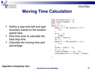 http://www.ntu.edu.sg/intellisyshttp://www.ntu.edu.sg/intellisys 1010
Moving Time Calculation
Algorithm Complexity: O(n)
 Define a stop time left and right
boundary based on the location
speed data
 One time scan to calculate the
total stop time
 Calculate the moving time and
percentage
 
