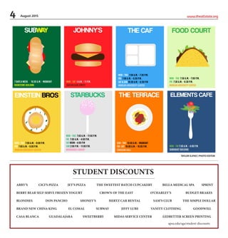4 www.theallstate.orgAugust 2015
ARBY’S CICI’S PIZZA JET’S PIZZA THE SWEETEST BATCH CUPCAKERY BELLA MEDICAL SPA SPRINT
BERRY BEAR SELF SERVE FROZEN YOGURT CROWN OF THE EAST O’CHARLEY’S BUDGET BRAKES
BLONDIES DON PANCHO SHONEY’S HERTZ CAR RENTAL SAM’S CLUB THE SIMPLE DOLLAR
BRAND NEW CHINA KING EL COMAL SUBWAY JIFFY LUBE VANITY CLOTHING GOODWILL
CASA BLANCA GUADALAJARA SWEETBERRY MIDAS SERVICE CENTER LEDBETTER SCREEN PRINTING
STUDENT DISCOUNTS
apsu.edu/sga/student-discounts
TAYLOR SLIFKO | PHOTO EDITOR
 