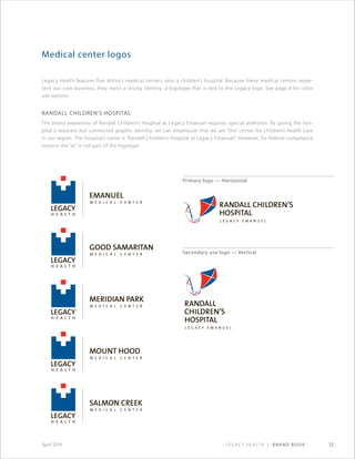 Legacy Health | Brand Book 12April 2014
Legacy Health features five distinct medical centers, plus a children’s hospital. Because these medical centers repre-
sent our core business, they merit a strong identity: a logotype that is tied to the Legacy logo. See page 8 for color
use options.
Randall children’s hospital
The brand awareness of Randall Children’s Hospital at Legacy Emanuel requires special attention. By giving the hos-
pital a separate but connected graphic identity, we can emphasize that we are “the” center for children’s health care
in our region. The hospital’s name is “Randall Children’s Hospital at Legacy Emanuel.” However, for federal compliance
reasons the “at” is not part of the logotype.
Medical center logos
Primary logo — Horizontal
Secondary use logo — Vertical
 
