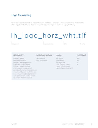 Legacy Health | Brand Book 16April 2014
Logo file naming
For ease of access to a variety of users and vendors, we follow a consistent naming convention for electronic files
of the logo. Individual files of the most frequently requested logos are posted on legacyhealth.org.
lh_logo_horz_wht.tif
Legacy entity Layout orientation Color File format
Legacy entity:
lh (legacy health)
lhos (legacy hospice)
lls (legacy laboratory services)
lmg (legacy medical group)
lri (legacy research institute)
emc (emanuel medical center)
gsmc (good samaritan medical center)
mpmc (meridian park medical center)
mhmc (mount hood medical center)
scmc (salmon creek medical center)
rch (randall children’s hospital)
Layout orientation:
vert (vertical)
horz (horizontal)
File Format:
.eps
.jpg
.tif
.ai
COlor:
blk (black)
wht (white)
blu (pms 294)
spot (Pantone match)
4cp (4 color process)
rgb (red green blue-light)
 