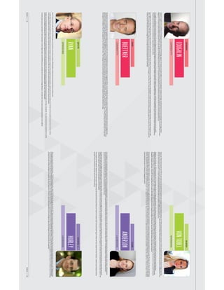 WME13⁄⁄19WME13⁄⁄20
VONTOBEL
ALEXA
SPENDING
AlexavonTobelisthefounderandCEOofLearnVest.com,theaward-winningﬁnancialmanagementandlifestylewebsite.VonTobeldevelopedtheideaforLearnVestin2006,duringhersenioryearatHarvardCollege,whenshe
realizedshe,andmostofherpeers,hadneverhadanyformaleducationonhowtoeffectivelymanagetheirﬁnances.VonTobelsearchedforreliableﬁnancialguidanceandconsistentlycameupoverwhelmedordisappointed.Thus,
theLearnVestmissionwasborn–tomaketrustedpersonalﬁnancialinformationaccessibletomillionsacrossthecountry.
OriginallyfromFlorida,vonTobelreceivedanA.B.inPsychologyatHarvardCollege.Upongraduation,sheworkedasatraderatMorganStanleyontheirProprietaryTradingDeskbeforeleavingtobetheHeadofBusiness
DevelopmentatDrop.io,aventurebackedstart-upinNYC.SheenrolledinHarvardBusinessSchoolinthefallof2008onlytotakealeaveofabsenceshortlyaftertolaunchLearnVest.InjustunderﬁvemonthsafterleavingHBS,
vonTobelraised$1.1millionofseedfundingfromAngelinvestors.Lessthanayearlater,inApril2010,vonTobelclosedaSeriesAroundoffundingtotaling$4.5millionfromAccelPartners,theventureﬁrmresponsibleforbacking
Facebook,Grouponandmore.InJuly2011,vonTobelwentontoclosea$19millionSeriesBroundoffundingincludingAccelPartners,twonewﬁnancialinvestors,andoriginalinvestors.
SincelaunchingLearnVestin2009atTechCrunch50,VonTobelhasbeenwidelyquotedasapersonalﬁnanceexpertandentrepreneurintoptierbusinessandconsumerpublicationsincluding:TheNewYorkTimes,TheWallStreet
Journal,FastCompany,MarieClaire,InStyle,Mashable,TechCrunch,VentureBeatandmanymore.VonTobelwasrecentlyselectedasa2012Fortune“MostPowerfulWomenEntrepreneur,”namedaScholaratthe2012AspenIdeas
Festival,highlightedas“OneoftheCoolestYoungEntrepreneurs”inInc.Magazine’s“30Under30”feature,andincludedonanewdigitaladvisoryboardcalledWomen@NBCU.Forbeshascalledhera“WomantoWatch,”andMarie
Clairelistedherasoneof“18WomenChangingtheWorld.”
BUETTNER
RYAN
DAN
KEVIN
LONGEVITY
SPENDING
DanBuettnerisaninternationallyrecognizedresearcher,explorer,NewYorkTimesbestsellingauthorandNationalGeographicFellow.HefoundedBlueZones®,acompanythatputstheworld’sbestpracticesinlongevityand
well-beingtoworkinpeople’slives.Buettner’sNationalGeographiccoverstoryonlongevitymadehimaﬁnalistforaNationalMagazineAward.Hisbooks“TheBlueZones”and“Thrive”appearedonmanybestsellerlists.In2009,
Buettnerandhispartner,AARP,appliedprinciplesof“TheBlueZones”toAlbertLea,MNandsuccessfullyraisedlifeexpectancyandloweredhealthcarecostsbysome40%.He’scurrentlyworkingwithHealthwaystoimplement
theprogramintheBeachCitiesofLosAngelesandtheentirestateofIowa.Theirstrategyfocusesonoptimizingtheenvironmentforhealthinsteadofindividualbehaviorchange.
KevinP.RyanistheFounderandCEOofGiltGroupe,aninnovativee-commercecompanyofferinghighlycovetedproductsandexperiencesatinsiderprices.
In2007,RyanalongwithafoundingteamcreatedGiltGroupeasaninvitation-onlysiteforcovetedwomen’sapparelandaccessories.Today,GiltGroupehasmillionsofmembersandhasaddedbusinesslinesinhome,children,
men’sapparelandgear(GiltMan),vacationtravel(Jetsetter),localservicesandexperiences(GiltCity),andhasfoundedtheleadingﬂash-salesiteinJapan(GiltJapan).
RyanisoneoftheleadingInternetentrepreneursintheUnitedStateshavingfoundedseveralNewYork-basedbusinesses,includingGiltGroupe,BusinessInsider,and10gen/MongoDB.RyanalsohelpedbuildDoubleClickfrom1996
to2005,ﬁrstasPresidentandlaterasCEO.HeledDoubleClick’sgrowthfroma20-personstartuptoapubliclytradedgloballeaderwithover1,500employees.
Currently,RyanservesontheboardofYaleCorporation,HumanRightsWatch,andINSEAD,andisamemberoftheCouncilonForeignRelations.HeholdsaB.A.fromYaleUniversityandanM.B.A.fromINSEAD.
COUGHLIN
JOSEPH
LONGEVITY
JosephF.Coughlin,Ph.D.isDirectoroftheMassachusettsInstituteofTechnologyAgeLab.Hisresearchprovidesinsightsonhowdemographicchange,technology,socialtrendsandconsumerbehaviorwillconvergetodrive
futureinnovationsinbusinessandgovernment.BasedinMIT’sEngineeringSystemsDivision,heteachespolicyandsystemsinnovationandisauthoroftheonlinepublicationDisruptiveDemographics.HeisoneofFastCompany
Magazine’s“100MostCreativePeopleinBusiness”andwasnamedbyTheWallStreetJournalasoneof“12pioneersinventingthefutureofretirementandhowwewillalllive,workandplaytomorrow.”
Dr.CoughlinisaBehavioralSciencesFellowoftheGerontologicalSocietyofAmericaandaFellowofSwitzerland’sWorldDemographics&AgeingForumadvisingandspeakingtobusinesses,governmentsandnon-proﬁts
worldwide.HehasservednumerousadvisoryboardsincludingthoseforBritishTelecomHealth,Daimler,FidelityInvestments,Gallup,Healthways,Nissan,PutnamInvestments,Sanoﬁ-Aventis,andToyota.Hewasappointedby
PresidentBushtotheWhiteHouseConferenceonAgingAdvisoryCommittee.
Dr.CoughlinhasworkedwithgovernmentsinAsiaandtheEU,theWorldEconomicForum,OECD,andtheCouncilonForeignRelationsondemographicchange,technologyandstrategicadvantage.HehasbeenfeaturedonABC,
BBC,CBS’SundayMorning,CNN,NBC’sTodayShow,Dr.Oz,NewsAsia,Economist,FinancialTimes,TheStraightsTimes,NewYorkTimes,WallStreetJournal,andothermediaoutletsthroughouttheworld.PriortoMIThewaswith
EG&GaFortune1000science&technologyﬁrmconsultingtobusinessandgovernmentworldwide.
ANDERSON
CAMI
LEARNING
CamiAnderson,theSuperintendent,NewarkPublicSchoolsisanestablishedleaderinthenationaleducationreformmovementwithmorethantwentyyears’professionalexperienceasateacher,schoolleader,entrepreneurial
non-proﬁtexecutiveandeffectiveadministrator.ShewasappointedStateDistrictSuperintendentforNewarkPublicSchoolsbyGovernorChrisChristieinMayof2011.TheSuperintendentisresponsibleforraisingstudent
achievementformorethan39,000studentsattendingNewarkPublicSchools.
AsChiefExecutiveofthelargestschooldistrictinthestateofNewJersey,Andersonoverseesabudgetofnearlyonebilliondollars.Sheisacceleratinginnovationworkingwithpublicprivatepartnershipsatunprecedentedlevels,
settinganewnationalmodelforthetransformationofurbaneducationinAmerica.PriortojoiningNPSshewasSuperintendentofAlternativeHighSchoolsandProgramsfortheNewYorkCityDepartmentofEducation(District79)
consistingofapproximately30,000youngpeopleand60,000adults.
TherecipientoftheNationalTeacheroftheYearaward,AndersonhasalsoservedasExecutiveDirectorofTeachforAmericaNewYorkandChiefProgramOfficerforNewLeadersforNewSchools.Andersonalsoboastsadiverse
backgroundasaMontessorieducatorandyouththeatredirector.
HURLEY
DANIELJ.
LEARNING
DanHurleyistheauthorofthreebooks:“The60-SecondNovelist:What22,613PeopleTaughtMeAboutLife,”“NaturalCauses:Death,Lies,andPoliticsinAmerica’sVitaminandHerbalSupplementIndustry,”and“DiabetesRising.”
AfrequentcontributortotheScienceTimessectionoftheNewYorkTimes,DanhasalsowrittenforsuchpublicationsasGoodHousekeeping,Men’sHealth,TVGuide,NewYork,Woman’sDay,FamilyCircle,Parents,andNewsday.
Heiscurrentlyworkingonhisfourthbook,“Smarter,”theideaforwhichgrewfromtheextraordinaryresponsetohisfeaturearticleintheJuly31,2011issueoftheNewYorkTimesMagazineontheresearchofAlbertoCostaintoﬁnding
adrugthatcouldincreaseintelligenceofpeoplewithDownSyndrome.“Smarter,”whichwillbepublishedin2014byPenguin,arguesthatintelligenceisﬂuidandcanbeexpanded.
 