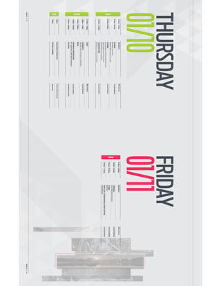 WME13⁄⁄9WME13⁄⁄10
THURSDAY
01/10
FRIDAY
01/11
MORNING
8.30am–9.00amBREAKFASTWMECommissary
9.00am–9.45amTOWNHALL
PatrickWhitesell&AriEmanuel
CostadelSolBallroom
9.45am–10.00amITDEMO
NickWilson
CostadelSolBallroom
10.00am–11.30amHERO’SCUP,CLOSINGREMARKS&WRAP-UPVIDEO
PatrickWhitesell
CostadelSolBallroom
MORNINGAFTERNOONEVENING
8.30am–9.15amBREAKFASTWMECommissary
9.15am–10.15amSPENDING
KevinRyan,CEO,GiltGroupe
AlexaVonTobel,Founder&CEO,LearnVest
CostadelSolBallroom
10.15am-11.30amLEARNING
CamiAnderson,Superintendent,NewarkPublicSchools
DanielJ.Hurley,Journalist,NewYorkTimes
SalmanKhan,Founder,KhanAcademy
CostadelSolBallroom
11.30am–12.00pmTRANSPORTATION
ElonMusk,Founder&CEO,TeslaandSpaceX
CostadelSolBallroom
12.00pm–1.00pmLUNCHWMECommissary
1.00pm–1.45pmVIEWPOINTS
TonyBlair,FormerPrimeMinister,UnitedKingdom
CostadelSolBallroom
1.45pm–2.00pmBREAK
2.00pm–3.00pmPARTNERCO.PRESENTATIONS
BIS2
,JinglePunks,ChaoticMoon&theAudience
CostadelSolBallroom
3.00pm–6.00pmACTIVITIESSeeCredentialsforLocation
7.00pmBUSESDEPARTFORBELLYUPCostaDelSolBallroomDriveway
7.30pmCOCKTAILS&DINNERBellyUpTavern
 