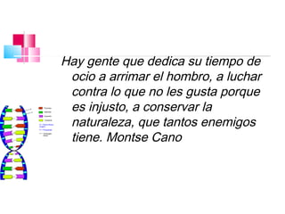 Hay gente que dedica su tiempo de
 ocio a arrimar el hombro, a luchar
 contra lo que no les gusta porque
 es injusto, a conservar la
 naturaleza, que tantos enemigos
 tiene. Montse Cano
 