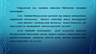 Удирдлагын аль түвшинд ажиллаж байгаагаас хамааран
менежерийг :
-дээд төвшин/байгууллагын ирээдүйн дүр төрхөө тодорхойлох,
стратегийн төлөвлөгөө, бодлого, хөтөлбөр, төсөл боловсруулах/
-дунд шатных / үйлдвэрлэлийг төлөвлөх, зохион байгуулах, үйл
ажиллагааг нь тогтвортой хөтлөн явуулахад чиглэдэг/
-нэгж төвшний /менежерийн хувьд хүмүүстэй ажиллах,
төлөвлөгөөний биелэлтийг хангах, бүртгэл тооцоо, нормчлолын зэрэг
асуудалд анхаарлаа хандуулж, дийлэнх цагаа техник гүйцэтгэлийн
ажилд зориулдаг/ гэж ангилна.
 