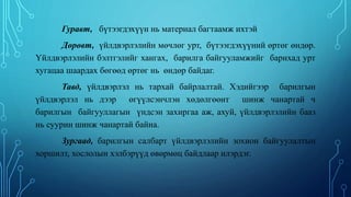 Гуравт, бүтээгдэхүүн нь материал багтаамж ихтэй
Дөрөвт, үйлдвэрлэлийн мөчлөг урт, бүтээгдэхүүний өртөг өндөр.
Үйлдвэрлэлийн бэлтгэлийг хангах, барилга байгууламжийг барихад урт
хугацаа шаардах бөгөөд өртөг нь өндөр байдаг.
Тавд, үйлдвэрлэл нь тархай байрлалтай. Хэдийгээр барилгын
үйлдвэрлэл нь дээр өгүүлсэнчлэн хөдөлгөөнт шинж чанартай ч
барилгын байгууллагын үндсэн захиргаа аж, ахуй, үйлдвэрлэлийн бааз
нь суурин шинж чанартай байна.
Зургаад, барилгын салбарт үйлдвэрлэлийн зохион байгуулалтын
хоршилт, хослолын хэлбэрүүд өвөрмөц байдлаар илэрдэг.
 