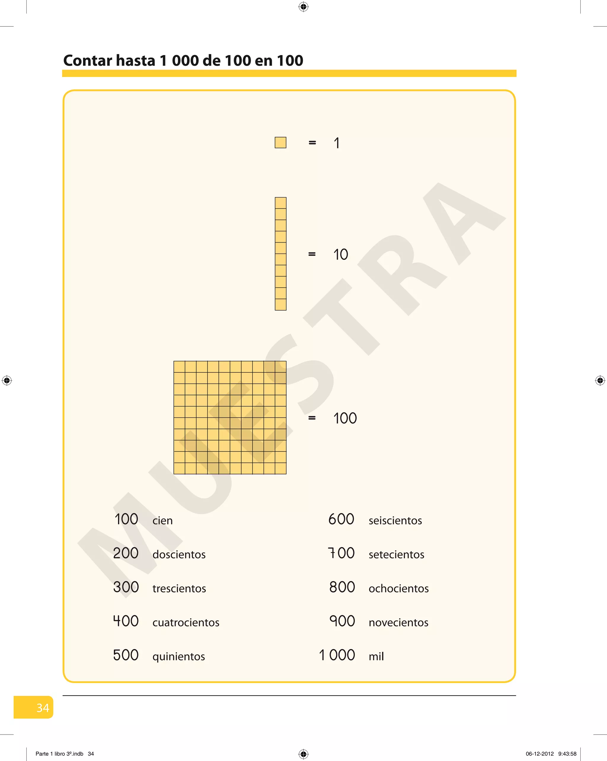 34
1
10
=
=
= 100
100 cien 600 seiscientos
200 doscientos 700 setecientos
300 trescientos 800 ochocientos
400 cuatrocientos 900 novecientos
500 quinientos mil1 000
Contar hasta 1 000 de 100 en 100
M
U
ESTRA
Parte 1 libro 3º.indb 34 06-12-2012 9:43:58
 