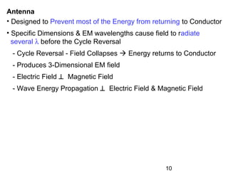 10
Antenna
• Designed to Prevent most of the Energy from returning to Conductor
• Specific Dimensions & EM wavelengths cause field to radiate
several λ before the Cycle Reversal
- Cycle Reversal - Field Collapses  Energy returns to Conductor
- Produces 3-Dimensional EM field
- Electric Field ⊥ Magnetic Field
- Wave Energy Propagation ⊥ Electric Field & Magnetic Field
 