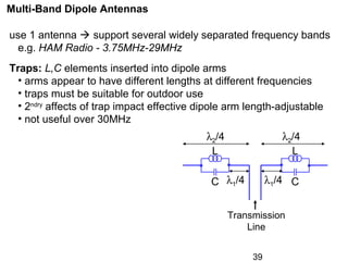 39
Multi-Band Dipole Antennas
Transmission
Line
λ1/4C
L
C
L
λ1/4
λ2/4λ2/4
use 1 antenna  support several widely separated frequency bands
e.g. HAM Radio - 3.75MHz-29MHz
Traps: L,C elements inserted into dipole arms
• arms appear to have different lengths at different frequencies
• traps must be suitable for outdoor use
• 2ndry
affects of trap impact effective dipole arm length-adjustable
• not useful over 30MHz
 