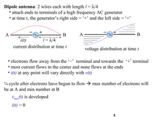 4
Dipole antenna: 2 wires each with length l = λ/4
• attach ends to terminals of a high frequency AC generator
• at time t, the generator’s right side = ‘+’ and the left side = ‘−’
• electrons flow away from the ‘−’ terminal and towards the ‘+’ terminal
• most current flows in the center and none flows at the ends
• i(t) at any point will vary directly with v(t)
current distribution at time t
− +
i(t) l = λ/4
A B
− +
++++
+++++++
+++++++++++
+++++++++++++++
+++++++++++++++
-----
-----------
----------------
--------------------
------------------------
voltage distribution at time t
A B
¼ cycle after electrons have begun to flow  max number of electrons will
be at A and min number at B
vmax(t) is developed
i(t) = 0
 
