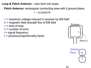 45
Loop & Patch Antenna – wire bent into loops
Patch Antenna: rectangular conducting area with || ground plane
Area A
N-turns
V = maximum voltage induced in receiver by EM field
B = magnetic field strength flux of EM field
A = area of loop
N = number of turns
f = signal frequency
k = physical proportionality factor
V = k(2πf)BAN
Antenna
Plane
 