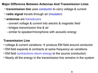 9
Major Difference Between Antennas And Transmission Lines
• transmission line uses conductor to carry voltage & current
• radio signal travels through air (insulator)
• antennas are transducers
- convert voltage & current into electric & magnetic field
- bridges transmission line & air
- similar to speaker/microphone with acoustic energy
Transmission Line
• voltage & current variations  produce EM field around conductor
• EM field expands & contracts at same frequency as variations
• EM field contractions return energy to the source (conductor)
• Nearly all the energy in the transmission line remains in the system
 