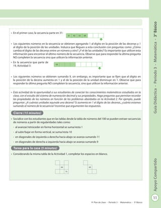 11
GuíaDidáctica-Período3-Matemática-3°BásicoApoyoCompartido
Plan de clase - Período 3 - Matemática - 3º Básico
•	 En el primer caso, la secuencia parte en 31:
•	 		Los siguientes números en la secuencia se obtienen agregando 1 al digito en la posición de las decenas y 1
al dígito de la posición de las unidades. Induzca que lleguen a esta conclusión con preguntas como: ¿Cómo
cambia el digito de las decenas entre un número y otro? ¿Y el de las unidades? Es importante que utilicen esta
información para encontrar el último número de la secuencia. Observe que para responder la última pregunta
NO completen la secuencia sino que utilicen la información anterior.
•	 En la secuencia que parte de
19, Actividad 3:
•	 		Los siguientes números se obtienen sumando 9, sin embargo, es importante que se fijen que el dígito en
la posición de la decena aumenta en 1 y el de la posición de la unidad disminuye en 1. Observe que para
responder la última pregunta NO completen la secuencia, sino que utilicen la información anterior.
•	 Esta actividad da la oportunidad a sus estudiantes de conectar los conocimientos matemáticos estudiados en la
clase, con el estudio del sistema de numeración decimal y sus propiedades. Haga preguntas que permitan recordar
las propiedades de los números en función de los problemas abordados en la Actividad 2. Por ejemplo, puede
preguntar: ¿A cuántas unidades equivale una decena? Si aumenta en 1 el dígito de las decenas, ¿cuánto estamos
sumando al número de la secuencia? Incentive que argumenten las respuestas.
Cierre (15 minutos)
•	 Socialice con los estudiantes que en las tablas desde la tabla de números del 100 se pueden extraer secuencias
de números a partir de regularidades tales como:
-	 al avanzar/retroceder en forma horizontal se suma/resta 1
-	 al subir/bajar en forma vertical, se suma/resta 10
-	 en diagonales de izquierda a derecha hacia abajo se avanza sumando 11
-	 en diagonales de derecha a izquierda hacia abajo se avanza sumando 9
Tarea para la casa (5 minutos)
•	 Considerando la misma tabla de la Actividad 1, completar los espacios en blanco.
64
75
60
19
31 42 53 64
 