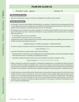 14
GuíaDidáctica-Período3-Matemática-3°BásicoApoyoCompartido
Plan de clase - Período 3 - Matemática - 3º Básico
Período 3: julio - agosto
PLAN DE CLASE 52
Semana 18
Objetivo de la clase
•	 Reconocer, representar y resolver situaciones multiplicativas mediante sumas iteradas.
Inicio (30 minutos)
•	 La Actividad 1 puede ser desarrollada individualmente o en parejas. Lo importante es que dispongan de fichas
u otros objetos que permitan representar las cantidades de huevitos de pascua que hay en cada canasto y así
puedan formar los grupos y contarlos para saber que son 21 elementos.
•	 Es importante que reconozcan la acción de agrupar en conjuntos de igual medida y por lo tanto un aspecto
que se debe dejar muy claro a través de la Actividad 1a, es que cuando se está en presencia de una situación
donde los datos son:
-	 la cantidad de grupos (en este caso canastos)
-	 la igual medida en cada grupo (en este caso 3 huevitos)
y la pregunta es saber cuántos elementos hay en total, se está en presencia de un problema de iteración de una
medida, el cual tiene la siguiente estructura:
cantidad de grupos • medida de cada grupo = total de elementos
la cual en un primer momento se asocia a la cantidad de veces que se itera la medida dada, por ejemplo:
7 veces 3 huevitos = 7 · 3
y que por el momento se puede resolver de dos formas distintas:
-	 contando todos los elementos, técnica válida pero que usted debe gestionar para que la abandonen rápida-
mente haciendo variar o la medida o la cantidad de conjuntos.
-	 sumando la medida (3 huevitos) tantas veces como conjuntos (canastos) se tengan, es decir:
7 veces 3 huevitos = 7 · 3 = 3 + 3 + 3 + 3 + 3 + 3 + 3 = 21
•	 Deben completar el cuadro de la Actividad 1 escribiendo la multiplicación y el resultado. No olvide que poste-
riormente vendrán las tablas de multiplicar del 7 y del 9, por lo tanto en esta primera parte lo importante es
que reconozcan la situación multiplicativa; para determinar el resultado aún se pueden contar los elementos
o realizar la suma iterada. Es importante que su gestión privilegie la suma iterada, pero no invalide el conteo.
•	 Es importante que en esta actividad utilicen distintos tipos de representaciones para representar la iteración de una
medida, primero a través de la noción de “veces” que se repite la misma medida, luego conectando este conoci-
miento con la suma iterada, para finalmente representar la situación a través de una multiplicación. Cabe destacar
también, que a través de la actividad de inicio tienen la oportunidad de utilizar representaciones concretas (al
manipular fichas), pictóricas (al analizar las figuras presentes en la actividad) y simbólicas (al formalizar la situa-
ción a través de la multiplicación).
 