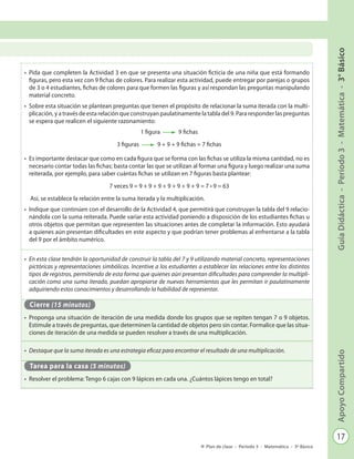 17
GuíaDidáctica-Período3-Matemática-3°BásicoApoyoCompartido
Plan de clase - Período 3 - Matemática - 3º Básico
•	 Pida que completen la Actividad 3 en que se presenta una situación ficticia de una niña que está formando
figuras, pero esta vez con 9 fichas de colores. Para realizar esta actividad, puede entregar por parejas o grupos
de 3 o 4 estudiantes, fichas de colores para que formen las figuras y así respondan las preguntas manipulando
material concreto.
•	 Sobre esta situación se plantean preguntas que tienen el propósito de relacionar la suma iterada con la multi-
plicación, y a través de esta relación que construyan paulatinamente la tabla del 9. Para responder las preguntas
se espera que realicen el siguiente razonamiento:
1 figura 9 fichas
3 figuras 9 + 9 + 9 fichas = 7 fichas
•	 Es importante destacar que como en cada figura que se forma con las fichas se utiliza la misma cantidad, no es
necesario contar todas las fichas; basta contar las que se utilizan al formar una figura y luego realizar una suma
reiterada, por ejemplo, para saber cuántas fichas se utilizan en 7 figuras basta plantear:
7 veces 9 = 9 + 9 + 9 + 9 + 9 + 9 + 9 = 7 • 9 = 63
Así, se establece la relación entre la suma iterada y la multiplicación.
•	 Indique que continúen con el desarrollo de la Actividad 4, que permitirá que construyan la tabla del 9 relacio-
nándola con la suma reiterada. Puede variar esta actividad poniendo a disposición de los estudiantes fichas u
otros objetos que permitan que representen las situaciones antes de completar la información. Esto ayudará
a quienes aún presentan dificultades en este aspecto y que podrían tener problemas al enfrentarse a la tabla
del 9 por el ámbito numérico.
•	 En esta clase tendrán la oportunidad de construir la tabla del 7 y 9 utilizando material concreto, representaciones
pictóricas y representaciones simbólicas. Incentive a los estudiantes a establecer las relaciones entre los distintos
tipos de registros, permitiendo de esta forma que quienes aún presentan dificultades para comprender la multipli-
cación como una suma iterada, puedan apropiarse de nuevas herramientas que les permitan ir paulatinamente
adquiriendo estos conocimientos y desarrollando la habilidad de representar.
Cierre (15 minutos)
•	 Proponga una situación de iteración de una medida donde los grupos que se repiten tengan 7 o 9 objetos.
Estimule a través de preguntas, que determinen la cantidad de objetos pero sin contar. Formalice que las situa-
ciones de iteración de una medida se pueden resolver a través de una multiplicación.
•	 Destaque que la suma iterada es una estrategia eficaz para encontrar el resultado de una multiplicación.
Tarea para la casa (5 minutos)
•	 Resolver el problema: Tengo 6 cajas con 9 lápices en cada una. ¿Cuántos lápices tengo en total?
 
