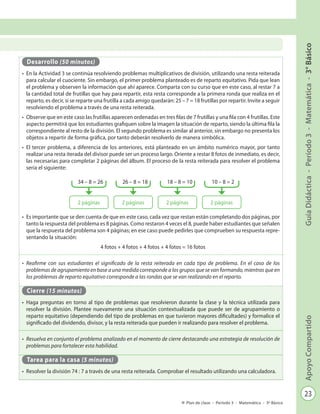 23
GuíaDidáctica-Período3-Matemática-3°BásicoApoyoCompartido
Plan de clase - Período 3 - Matemática - 3º Básico
Desarrollo (50 minutos)
•	 En la Actividad 3 se continúa resolviendo problemas multiplicativos de división, utilizando una resta reiterada
para calcular el cuociente. Sin embargo, el primer problema planteado es de reparto equitativo. Pida que lean
el problema y observen la información que ahí aparece. Comparta con su curso que en este caso, al restar 7 a
la cantidad total de frutillas que hay para repartir, esta resta corresponde a la primera ronda que realiza en el
reparto, es decir, si se reparte una frutilla a cada amigo quedarán: 25 – 7 = 18 frutillas por repartir. Invite a seguir
resolviendo el problema a través de una resta reiterada.
•	 Observe que en este caso las frutillas aparecen ordenadas en tres filas de 7 frutillas y una fila con 4 frutillas. Este
aspecto permitirá que los estudiantes grafiquen sobre la imagen la situación de reparto, siendo la última fila la
correspondiente al resto de la división. El segundo problema es similar al anterior, sin embargo no presenta los
objetos a repartir de forma gráfica, por tanto deberán resolverlo de manera simbólica.
•	 El tercer problema, a diferencia de los anteriores, está planteado en un ámbito numérico mayor, por tanto
realizar una resta iterada del divisor puede ser un proceso largo. Oriente a restar 8 fotos de inmediato, es decir,
las necesarias para completar 2 páginas del álbum. El proceso de la resta reiterada para resolver el problema
sería el siguiente:
34 – 8 = 26 26 – 8 = 18 18 – 8 = 10 10 – 8 = 2
•	 Es importante que se den cuenta de que en este caso, cada vez que restan están completando dos páginas, por
tanto la respuesta del problema es 8 páginas. Como restaron 4 veces el 8, puede haber estudiantes que señalen
que la respuesta del problema son 4 páginas; en ese caso puede pedirles que comprueben su respuesta repre-
sentando la situación:
4 fotos + 4 fotos + 4 fotos + 4 fotos = 16 fotos
•	 Reafirme con sus estudiantes el significado de la resta reiterada en cada tipo de problema. En el caso de los
problemas de agrupamiento en base a una medida corresponde a los grupos que se van formando, mientras que en
los problemas de reparto equitativo corresponde a las rondas que se van realizando en el reparto.
Cierre (15 minutos)
•	 Haga preguntas en torno al tipo de problemas que resolvieron durante la clase y la técnica utilizada para
resolver la división. Plantee nuevamente una situación contextualizada que puede ser de agrupamiento o
reparto equitativo (dependiendo del tipo de problemas en que tuvieron mayores dificultades) y formalice el
significado del dividendo, divisor, y la resta reiterada que pueden ir realizando para resolver el problema.
•	 Resuelva en conjunto el problema analizado en el momento de cierre destacando una estrategia de resolución de
problemas para fortalecer esta habilidad.
Tarea para la casa (5 minutos)
•	 Resolver la división 74 : 7 a través de una resta reiterada. Comprobar el resultado utilizando una calculadora.
2 páginas 2 páginas 2 páginas 2 páginas
 