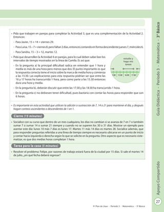 27
GuíaDidáctica-Período3-Matemática-3°BásicoApoyoCompartido
Plan de clase - Período 3 - Matemática - 3º Básico
•	 Pida que trabajen en parejas para completar la Actividad 3, que es una complementación de la Actividad 2.
Entonces:
-	 Para Javier, 15 + 14 = viernes 29.
-	 ParaLuisa,15–7=viernes8,perofaltan2días,entoncescontandoenformadescendentejueves7,miércoles6.
-	 Para Sandra, 15 – 3 = 12, martes 12.
•	 Pida que desarrollen la Actividad 4 en parejas, para lo cual deben saber leer los
intervalos de tiempo mostrados en la línea de Camila. Es así que:
-	 En la pregunta a) la principal dificultad radica en entender que 1 hora y
media es más de una hora pero menos que dos: El punto importante es que
la respuesta correcta tiene el inicio sobre la marca de media hora y comienza
a las 15:30. Las explicaciones para esta respuesta podrían ser que entre las
16 y 17 horas ha transcurrido 1 hora, pero como parte a las 15.30 entonces
dura una hora y media.
-	 En la pregunta b), deberán discutir que entre las 17:30 y las 18:30 ha transcurrido 1 hora.
-	 En la pregunta c) no debiesen tener dificultad, pues bastaría con contar las horas para responder que son
6 horas.
•	 Es importante en esta actividad que utilicen la adición o sustracción de 7, 14 o 21 para mantener el día, y después
hagan conteos ascendentes o descendentes de 1 en 1.
Cierre (15 minutos)
•	 Socialice con su curso que dentro de un mes cualquiera, los días no cambian si se avanza de 7 en 7 o también
sumar 7 o sumar 14 o sumar 21 siempre y cuando no se superen los 30 o 31 días. Mostrar un ejemplo para
asentar este día: lunes 10 más 7 días es lunes 17. Martes 11 más 14 días es martes 28. Socialice además, que
para responder preguntas referidas a una línea de tiempo siempre es necesario ubicarse en un punto de inicio
y contar hacia izquierda o derecha según lo que se solicite en la pregunta. Otro aspecto que es necesario siste-
matizar, es que dos medias horas completan 1 hora.
Tarea para la casa (5 minutos)
•	 Resolver el problema: Felipe, por razones de trabajo estará fuera de la ciudad por 15 días. Si sale el martes 14
de julio, ¿en qué fecha deberá regresar?
6:00 7:00 8:00 9:00 10:00 11:00 12:00 13:00 14:00 15:00 16:00 17:00 18:00 19:00 20:00
horas
estudio en la escuela
estudio y
hago mis
tareas veo TV
me levanto
y tomo
desayuno
 