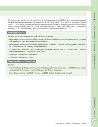 29
GuíaDidáctica-Período3-Matemática-3°BásicoApoyoCompartido
Plan de clase - Período 3 - Matemática - 3º Básico
•	 Es importante que usted gestione la equivalencia de las horas después de las 12 PM; es decir, saben que después de
las 12 del día viene la 1 de la tarde, 2 de la tarde, 3, 4, 5, 6, 7, 8 de la noche, 9 de la noche, 10 de la noche, 11 de la
noche y 12 de la noche. Entonces, gestionar en la sala la socialización de las respuestas considerando que 1 de la
tarde es lo mismo que 13 horas (12 +1), 2 de la tarde es lo mismo que 14 horas (12+2), 3 de la tarde es lo mismo que
15 horas (12+3)… así hasta llegar a las 11 de la noche que es lo mismo que 23 horas (12+11).
Cierre (15 minutos)
•	 Socialice con su curso las siguientes ideas relevantes de la clase:
-	 Las equivalencias entre las horas del reloj digital y las del reloj analógico. Primero haga asociaciones en horas
AM, por ejemplo 9:30 con la hora en el reloj analógico.
-	 Las equivalencias entre las horas PM y el reloj analógico, es decir las 13:00 hora, corresponde a la 1 de la tarde,
las 14 horas son las 2 de la tarde y así sucesivamente.
-	 15 minutos + 45 minutos = 1 hora, por lo tanto si una película parte a las 14:15 horas y dura 45 minutos
entonces termina a las 15 horas o las 3 de la tarde.
-	 15 minutos + 15 minutos = 30 minutos
-	 30 minutos + 30 minutos = 1 hora
Tarea para la casa (5 minutos)
•	 Resolver:
-	 Vicente está esperando a sus amigos para su fiesta de cumpleaños que empezará a las 17:00 horas. Él mira su
reloj y son las 16.45, ¿cuántos minutos faltan para que lleguen los amigos?
-	 Una película comienza a las 19:30 y termina a las 21:00. ¿Cuánto tiempo dura la película?
 