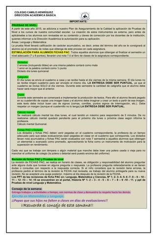 COLEGIO CAMILO HENRÍQUEZ
DIRECCIÓN ACADÉMICA BÁSICA
IMPORTANTE:
PRUEBAS DE NIVEL:
A partir de este año 2015, se adiciona a nuestro Plan de Aseguramiento de la Calidad la aplicación de Pruebas de
Nivel a los cursos de nuestra comunidad escolar. La creación de estos instrumentos es externa, pero antes de
aplicárselas a los alumnos son revisadas en su contenido y claves de corrección por los docentes de la institución,
quienes informan a la Dirección Académica la autorización para su aplicación.
Áreas: Lenguaje y Matemática
La prueba Nivel llevará calificación de carácter acumulativo, es decir, antes del término del año se le consignará al
alumno (a) el promedio de notas que obtenga de este proceso en cada asignatura.
ESTIMULACIÓN PARA ALUMNOS FICHAS PAC: Todos aquellos alumnos que obtengan al finalizar el semestre un
nivel adecuado (7 u 8 puntos), llevarán una nota 7.0 al libro de clases de la asignatura correspondiente.
Dictados:
2 errores (incluyendo tildes) en una misma palabra contará como mala
1 error en la palabra contará como ½ punto
Dictado día lunes quincenal
Caligrafix:
El día lunes se envía el cuaderno a casa y se recibe hasta el día viernes de la misma semana. El día lunes no
se recibe ningún cuaderno para ser enviado el mismo día. LA ENTREGA DEBE SER PUNTUAL, ya que el
cuaderno se revisa SOLO el día viernes. Durante este semestre la cantidad de caligrafía que el alumno debe
hacer será mayor que el anterior.
Copia:
Durante este semestre se comenzará a implementar la producción de textos. Para ello el alumno llevará pegado
en su cuadernillo de copias una imagen base y el alumno debe imaginar y crear un texto a partir de esa imagen,
este texto debe incluir buen uso de signos (comas, comillas, puntos signos de interrogación, etc.). Debe
respetar un margen (aunque el cuadernillo no lo tenga).LA ENTREGA DEBE SER PUNTUAL.
Cálculo mental:
Se realizará cálculo mental los días lunes, el cual tendrá un máximo para responderlo de 5 minutos. De no
realizarse cálculo mental quedará pendiente para el próximo día lunes o próxima clase según informe la
profesora.
Cálculo mental Quincenal.
Fichas PAC y Dictado:
Los dictados y fichas PAC deben venir pegadas en el cuaderno correspondiente, la profesora da un tiempo
adecuado para que estas evaluaciones sean pegadas en clase en el cuaderno que corresponda. Los dictados
llevan nota acumulativa y fichas PAC serán evaluados con nota 7 semestral a aquellos alumnos que obtengan
un elemental o avanzado como promedio, aprovechando la ficha como un instrumento de motivación para la
superación en rendimiento.
Cada vez que se trabaje con témpera o algún material que manche debe traer una polera usada o vieja para no
manchar el uniforme de colegio (la polera o delantal será puesto encima del uniforme)
Revisión de fichas PAC y Pruebas de nivel
La revisión de FICHAS PAC, se realiza en horario de clases, es obligación y responsabilidad del alumno preguntar
ante alguna duda que tuviese en alguna pregunta o respuesta. La profesora pregunta reiteradamente si se tienen
dudas o consultas con respecto a la respuesta correcta. Si el niño considera que la revisión tiene errores, la
profesora pedirá al término de la revisión la FICHA mal revisada, es trabajo del alumno entregarla para su nueva
revisión. No se aceptará una queja posterior, máximo al día después de la revisión de la FICHA.
Los PPT de las revisiones de ficha PAC en; Lenguaje, Matemática y Ciencias, Nº 1- 2- 3- 4- 5- 6 -7- 8 – 9 – 10 -
11 – 12 -13 – 14 -15 se encuentran en el portal, Historia Nº 1- 2 – 3 - 4 - 5 – 6 – 7 – 8 – 9 -10 - 11. y ppt de
Pruebas de nivel Lenguaje y Matemática.
Consejo de la semana:
Entrega trabajos y actividades a tiempo, son normas de clase y demuestra tu respeto hacia los demás.
Ejercita en Matemática y Lenguaje.
¡¡Papas que sus hijos no falten a clases en días de evaluaciones!!
¡¡Recuerda el consejo de esta semana!!
 