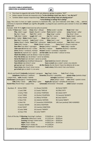 COLEGIO CAMILO HENRÍQUEZ
DIRECCIÓN ACADÉMICA BÁSICA
 Para hacer la negación del verbo TO BE solo debemos agregar la palabra “NOT”
 Deben repasar formato de respuesta corta “Is she climbing a tree? yes, she is / no, she isn’t”
 Tambien deben repasar respuesta larga “What are they doing? they are playing soccer”
“Is he drinking or eating? He is eating”
Time: Para decir la hora en inglés usaremos la expresión It’s… que será traducida como Son... o Es… , además
usaremos la expresión O’clock que significa En punto. La pregunta que usaremos para conocer la hora será What
time is it?
Example: 8:00  It’s eight o’clock (son las ocho en punto)
- Verbs  Have /jav/ = tener Draw /dro/ = dibujar Write /urait/ = escribir Read /riid/ = leer
Play /plei/ = jugar Count /kaunt/ = contar Paint /peint/ = pintar Jump /llamp/ = saltar
Do /du/ = hacer Feel /fiil/ = sentir Sing /sing/ = cantar Cry /krai/ = llorar
Talk /tok/ = hablar Laugh /laf/ = reir Eat /iit/ = comer Skate /skeit/ = patina
Drink /drink/ = beber Make /meik/= hacer Sleep /sliip/ = dormer Swim /suim/ = nadar
Buy /bai/ = comprar Look /luuk/ = mirar Wear /uer/ = usar See /sii/ = ver
Dance /dans/ = bailar Feed /fiid/ = alimentar Hold /jould/= sostener Take /teik/= tomar
Take /teik/ =tomar Climb /klimb/ =escalar Carry /karri/ = llevar o acarrear
Run after /ran after/ = perseguir Rescue /reskiu/ = rescatar Help /jelp/ = ayudar
Take care of/teik ker ov/ = cuidar Fix /fiks/ = reparar Examine /iksamin/ = examinar
Drive /draiv/ = conducer, manejar Answer /anser/ = contester, responder
Operate on /opereit on/ = operar set the table /set de teibl/ = colocar la mesa
Wash the dishes /uosh de dishes/ = lavar los platos
Pour the drinks /pur de drinks/ = servir las bebidas
Serve the food /serv de fud/ = servir la comida
have breakfast /jav brekfast/=desayunar have lunch /jav lanch/= almorzar
have dinner /jav diner/= cenar have a snack /jav a snak/= comer una colación
get up /get ap/= levantarse do the chores /du de chors/= hacer los deberes de la casa
have recess /jav rices/= tener recreo read a story /riid a stori/= leer una historia
go to bed /gou tu bed/= ir a la cama
- Words and food Umbrella /ambrela/ = paraguas bag /bag/ = bolsa fruit /frut/ = fruta
telephone /telefoun/ = teléfono brownies /braunis/ = pastelillos potato chips /poteito chips/
= papas fritas soda /souda/ = bebida sausages /sosiches/ = salchichas
Hamburgers /jamburgers/ = hamburguesas pizza /pitsa/ = pizza cake /keik/ = pastel o torta
milk /milk/ = leche jello /llelo/ = jalea Apple pie /apl pai/ = tartaleta de manzana
french fries /french frais/ = papas fritas Lemonade /lemoneid/ = limonada salad /salad/= ensalada
- Numbers  0/ziro/ ZERO 11 /ileven/ ELEVEN 40 /forti/ FORTY
1 /uan/ ONE 12 /tuelv/ TWELVE 50 /fifti/ FIFTY
2 /tchu/ TWO 13 /zirtiin/ THIRTEEN 60 /siksti/ SIXTY
3 /zri/ THREE 14 /fortiin/ FOURTEEN 70 /seventi/ SEVENTY
4 /for/ FOUR 15 /fiftiin/ FIFTEEN 80 /eiti/ EIGHTY
5 /faiv/ FIVE 16 /sikstiin/ SIXTEEN 90 /nainti/ NINETY
6 /siks/ SIX 17 /seventiin/ SEVENTEEN 100 /uan jandred/ ONE HUNDRED
7 /seven/ SEVEN 18 /eitiin/ EIGHTEEN
8 /eit/ EIGHT 19 /naintiin/ NINETEEN
9 /nain/ NINE 20 /tuenti/ TWENTY
10 /ten/ TEN 30 /zirti/ THIRTY
- Parts of the day  Morning /morning/= mañana  06:00 am – 11:59 am
Afternoon /afternun/= tarde  12:01 pm – 06:00 pm
Evening /ivining/= tarde noche  06:01 pm – 09:00 pm
Night /nait/= noche  09:01 pm – 05:59 am
Noon /nun/= medio día  12:00 pm
Midnight /midnait/= media noche 12:00 am
Cuaderno de la asignatura.
 