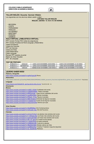 COLEGIO CAMILO HENRÍQUEZ
DIRECCIÓN ACADÉMICA BÁSICA
TALLER INGLÉS: Docente: Germán Villalón
Los siguientes son los alumnos deben asistir a taller:
LISTADO TALLER INGLÉS
INGLÉS- JUEVES 13: 45 A 15: 00 HORAS
- BECERRA
- COSTE
- FERNANDEZ
- HIDALGO
- GUTIERREZ
- MARTINEZ
- PEREIRA
- GAMBOA
AULA VIRTUAL y BIBLIOTECA VIRTUAL:
PPT revisión Fichas PAC todas las asignaturas
PPT revisión Pruebas de Nivel Lenguaje y Matemática
Videos de Música
Videos de Ciencias
PPT de Ciencias
Videos de Artes
Odea Matemática
Odea Lenguaje
Revisar PPT subidos al portal
Matriz de Artes Visuales
PPT de Lenguaje
TEST ME PREPARO
¡QUIERO SABER MÁS!
Historia y Geografía
https://www.youtube.com/watch?v=apPeTayzLD8 Roma
Matemática
http://www.ceibal.edu.uy/UserFiles/P0001/ODEA/ORIGINAL/110624_secuencia_fracciones.elp/identificar_partes_de_un_todo.html Fracciones
Lenguaje
https://prezi.com/mkiu0m7e_qsr/uso-de-la-mb-y-la-nv/ Uso de la mb - nv
Orientación
Música
https://www.youtube.com/watch?v=ox82D_032A8 Cualidades del sonido
https://www.youtube.com/watch?v=uq908HHH8WE Notas musicales
https://www.youtube.com/watch?v=6NPl3oXrk8I Juego de las cualidades del sonido
https://www.youtube.com/watch?v=ugvBXtnO9Ss Figuras musicales
https://www.youtube.com/watch?v=P0Qu9_YY7ac Figuras musicales
https://www.youtube.com/watch?v=MBr19VeE0-0 Entender las figuras musicales
https://www.youtube.com/watch?v=i1q52dbhVQI Cuento de las figuras musicales
https://www.youtube.com/watch?v=r4eZJCDmGA0 Adivina que oyes
Artes Visuales
https://www.youtube.com/watch?v=50of9fN99wk Arte Contemporáneo
https://www.youtube.com/watch?v=UIXvww9_Gss Arte del Fauvismo
Ciencias
https://www.youtube.com/watch?v=q7cUy7CVXc0 Las plantas más extrañas del mundo
https://www.youtube.com/watch?v=Y_WWyb2-Ofw Las frutas más extrañas del mundo
https://www.youtube.com/watch?v=ea4rhxdDTRM Las frutas más extrañas del mundo
https://www.youtube.com/watch?v=SK--33_lgOQ El cuidado de las plantas
https://www.youtube.com/watch?v=1-Ap9snZXXk El medio ambiente
https://www.youtube.com/watch?v=U2MZpibmXfE Cuida de tu planeta
https://www.youtube.com/watch?v=5Bs0DziH4BA Árboles nativos de Chile
https://www.youtube.com/watch?v=qU9BDkyFEqI “Copihue” Tradición mapuche (leyenda)
https://www.youtube.com/watch?v=zd_dGz56VNs Residuos
 